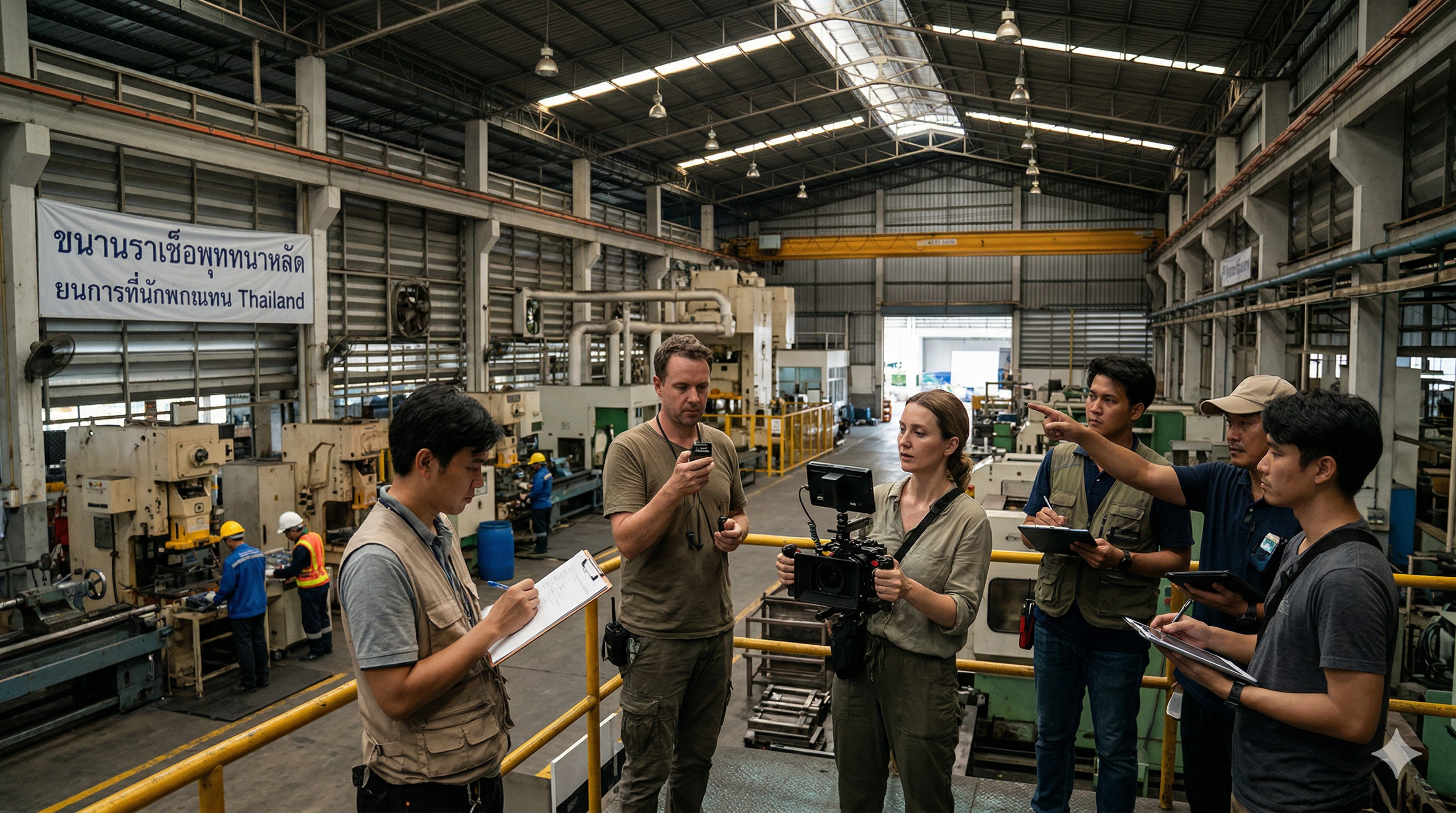タイの工場でロケハンを行う撮影クルー