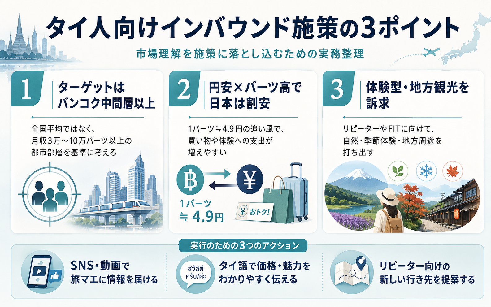 タイ人向けインバウンド施策で押さえるべき3つの実務ポイントを整理したインフォグラフィック