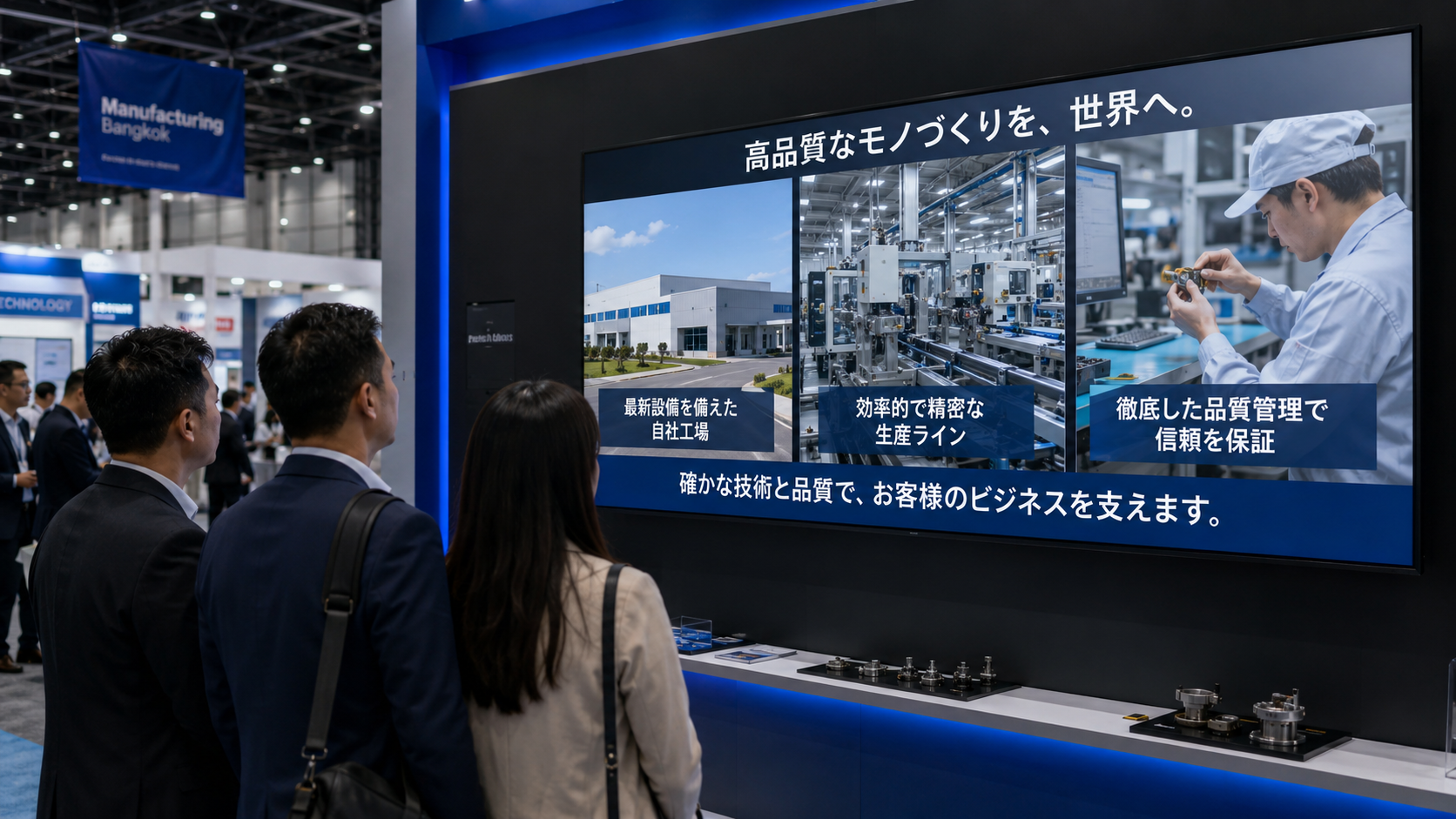 展示会ブースのモニターに動画が映っているイメージ