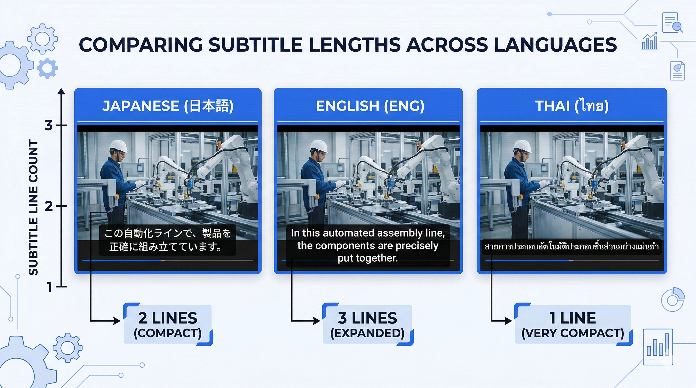 多言語字幕の比較イメージ（日本語・英語・タイ語の字幕の長さの違い）