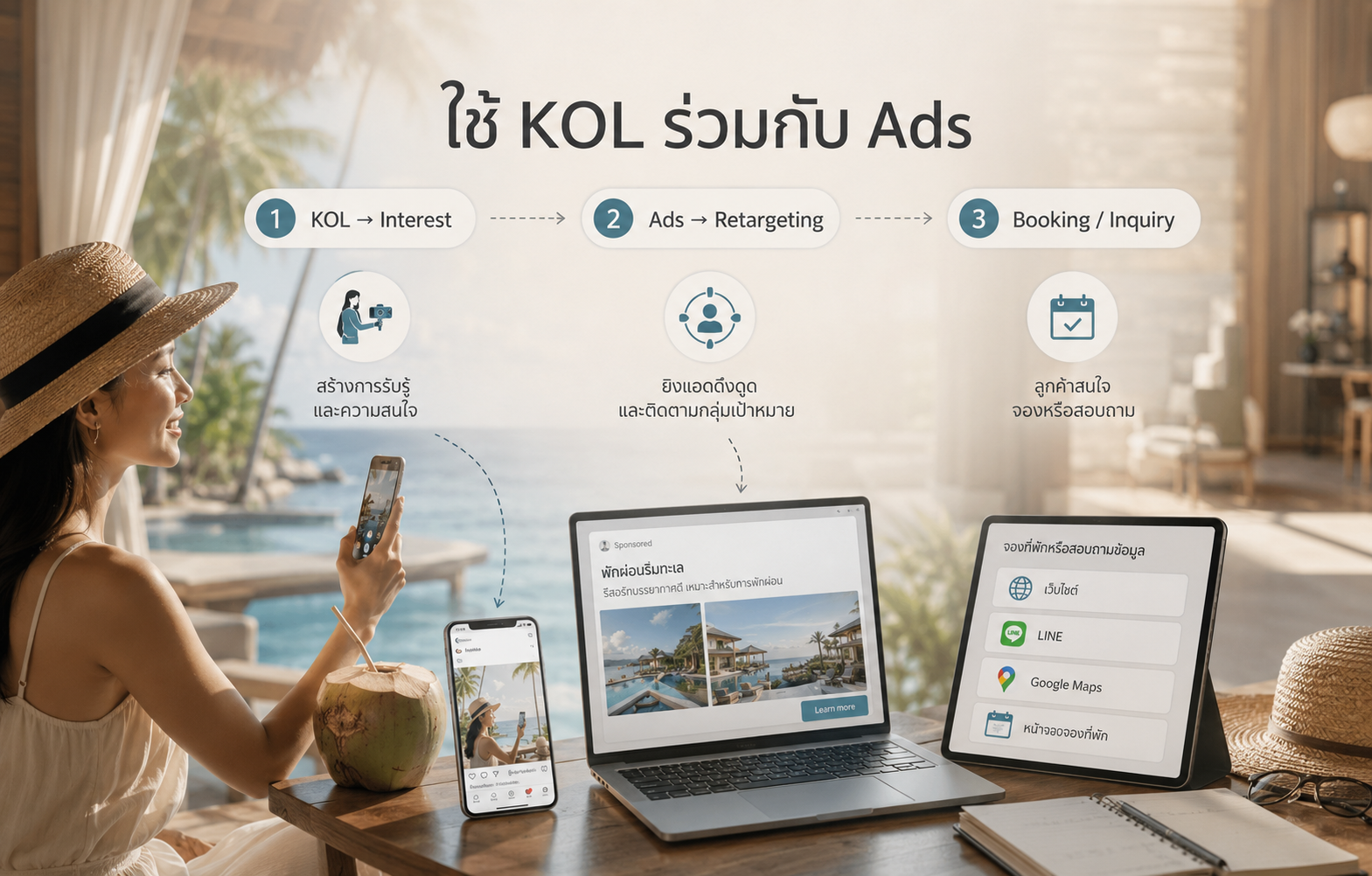 ภาพแสดงการใช้ KOL Marketing ร่วมกับ Ads เพื่อพาลูกค้าไปสู่การจอง