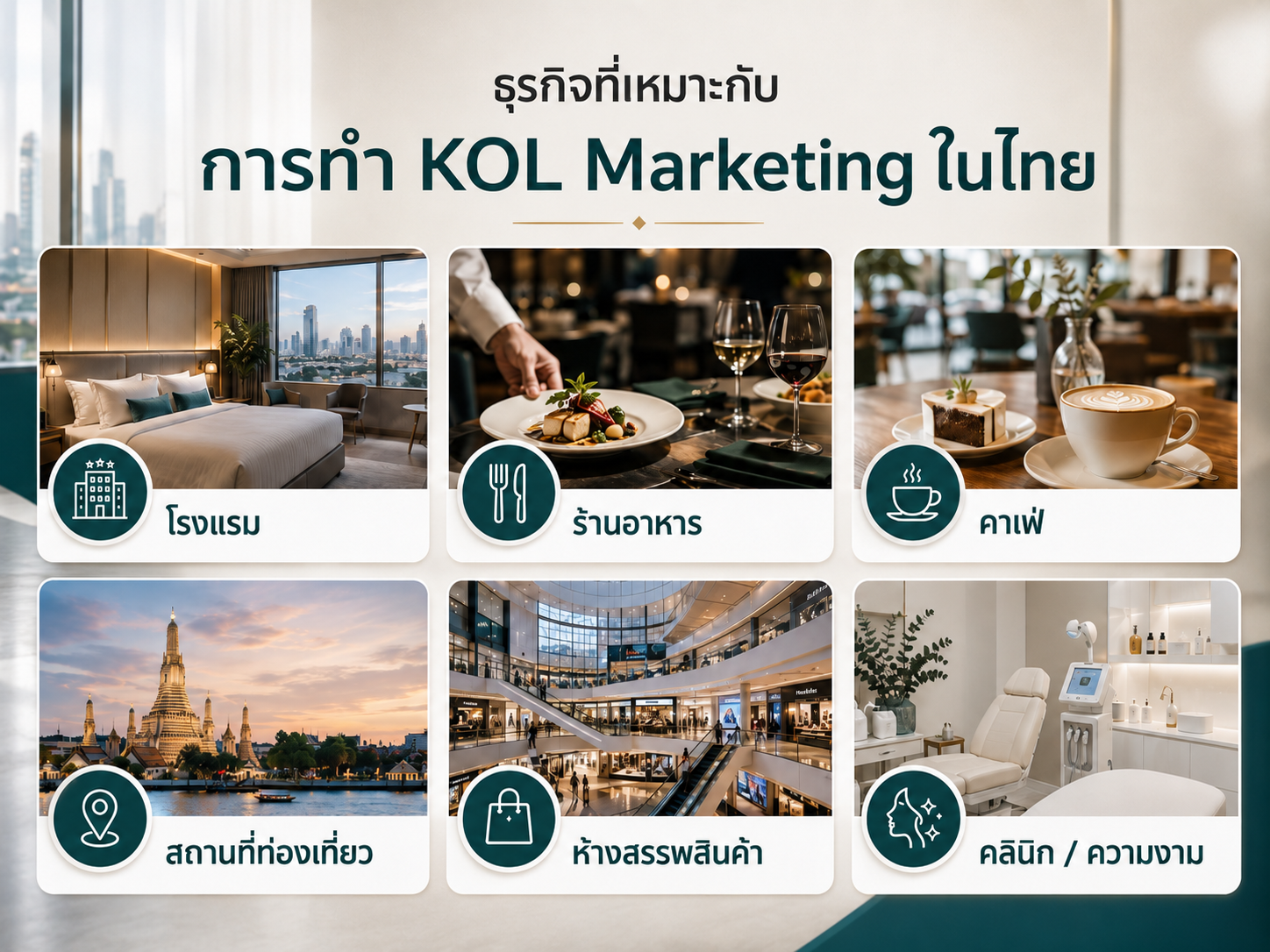 ธุรกิจที่เหมาะกับ KOL Marketing เช่น โรงแรม ร้านอาหาร และสถานที่ท่องเที่ยว