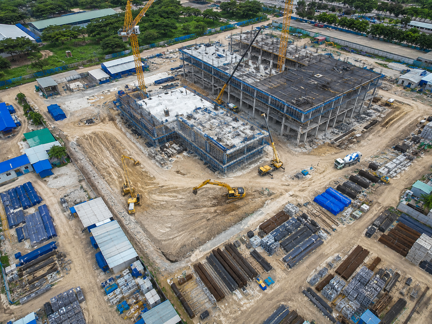建設現場と工事進捗記録のドローン空撮イメージ