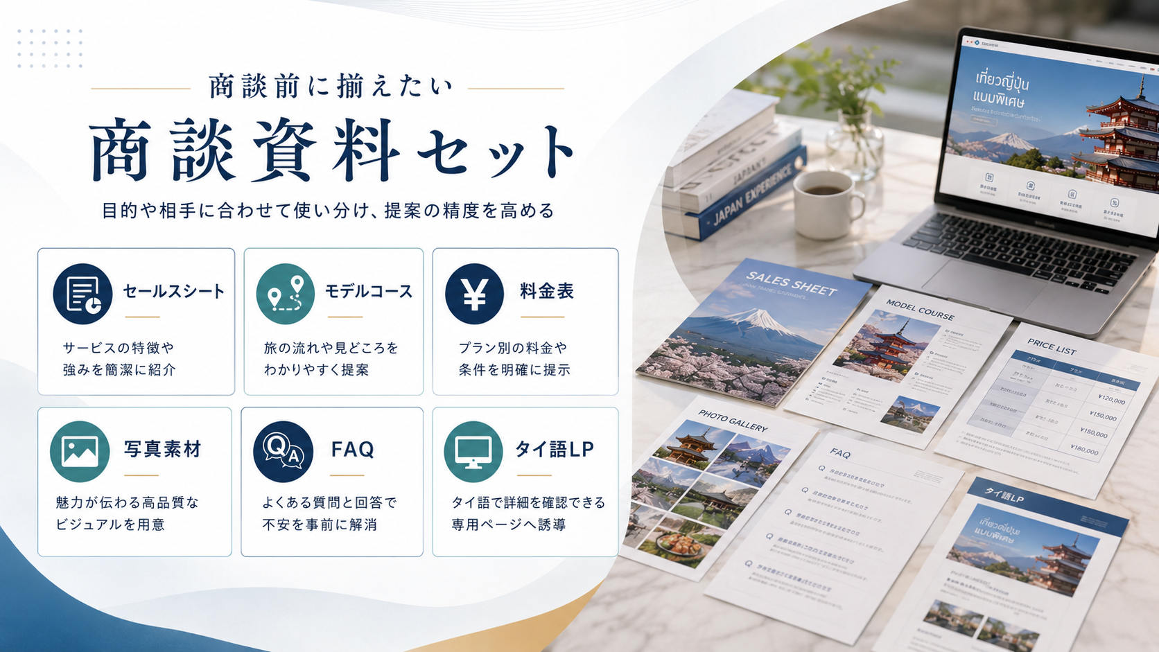 タイ旅行会社向けに準備するセールスシートモデルコース料金表FAQタイ語LPの資料セット