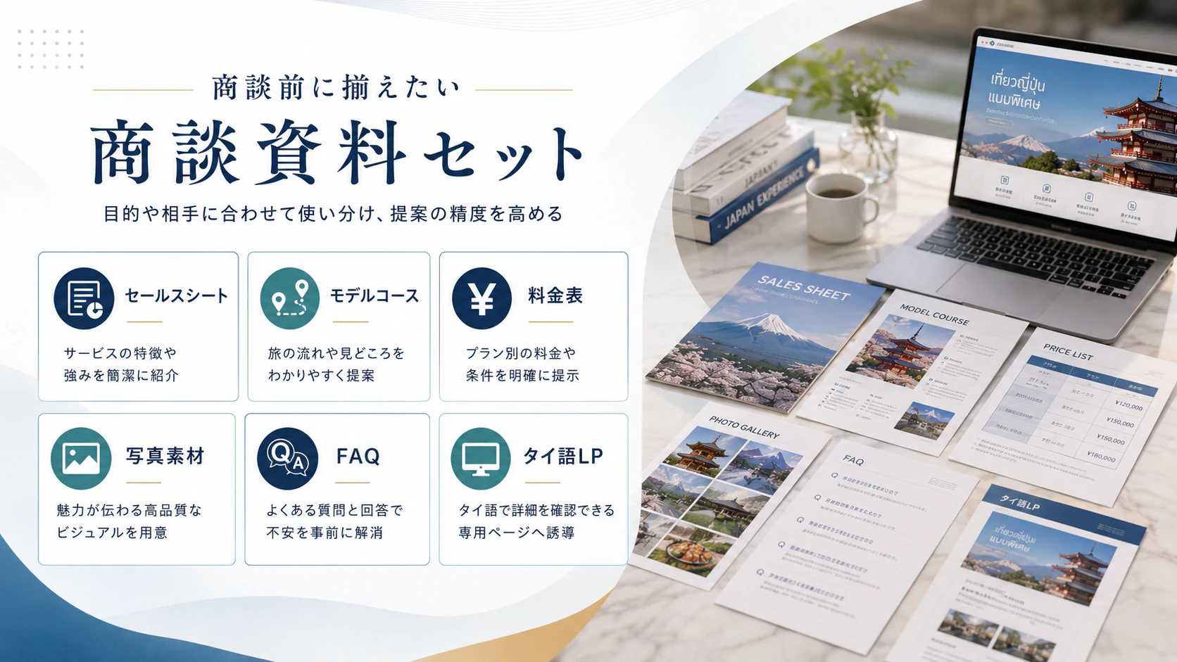タイ旅行会社向けに準備するセールスシートモデルコース料金表FAQタイ語LPの資料セット