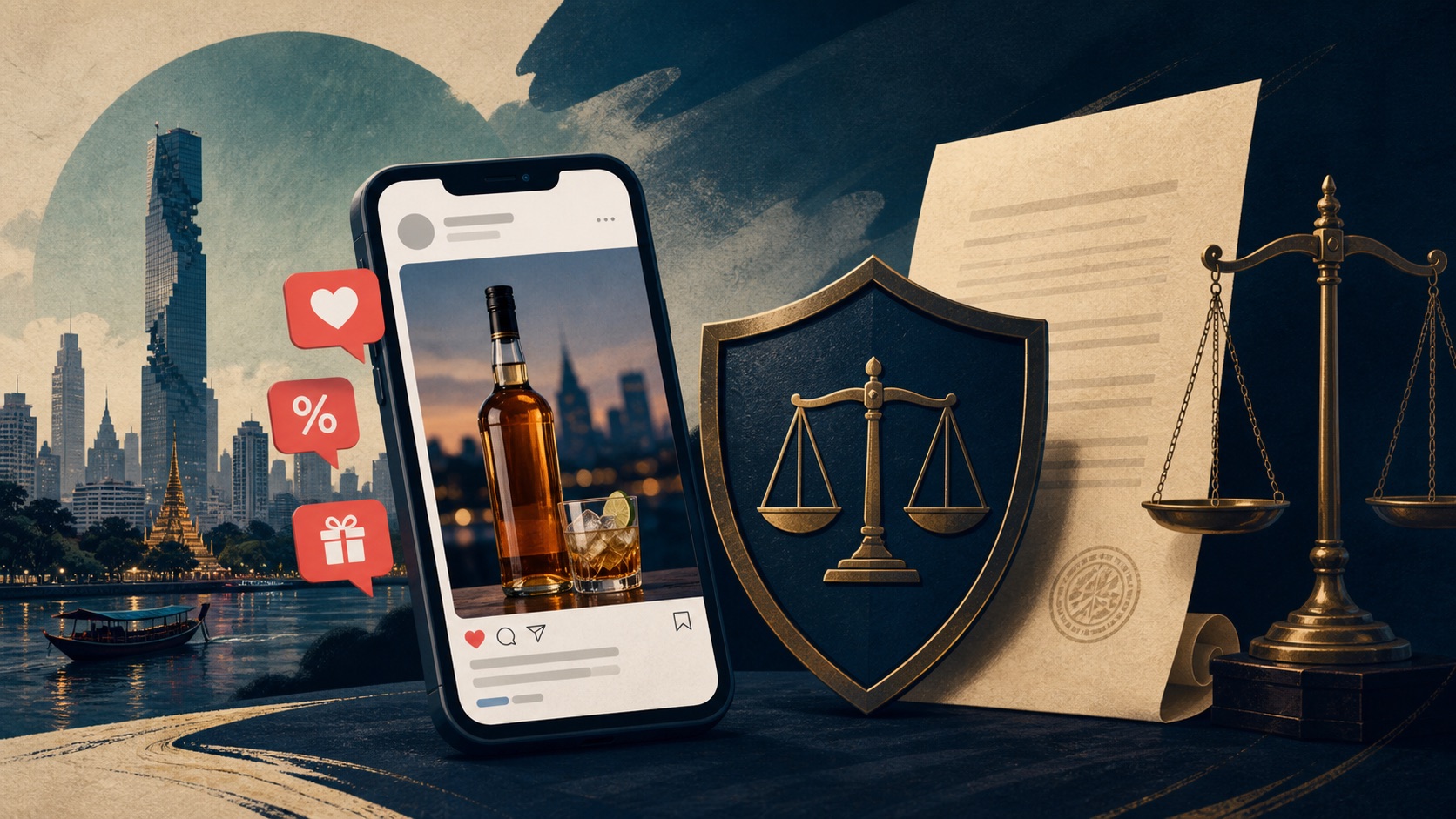 タイのアルコール規制法とSNS投稿時の判断要素を表した編集イラスト