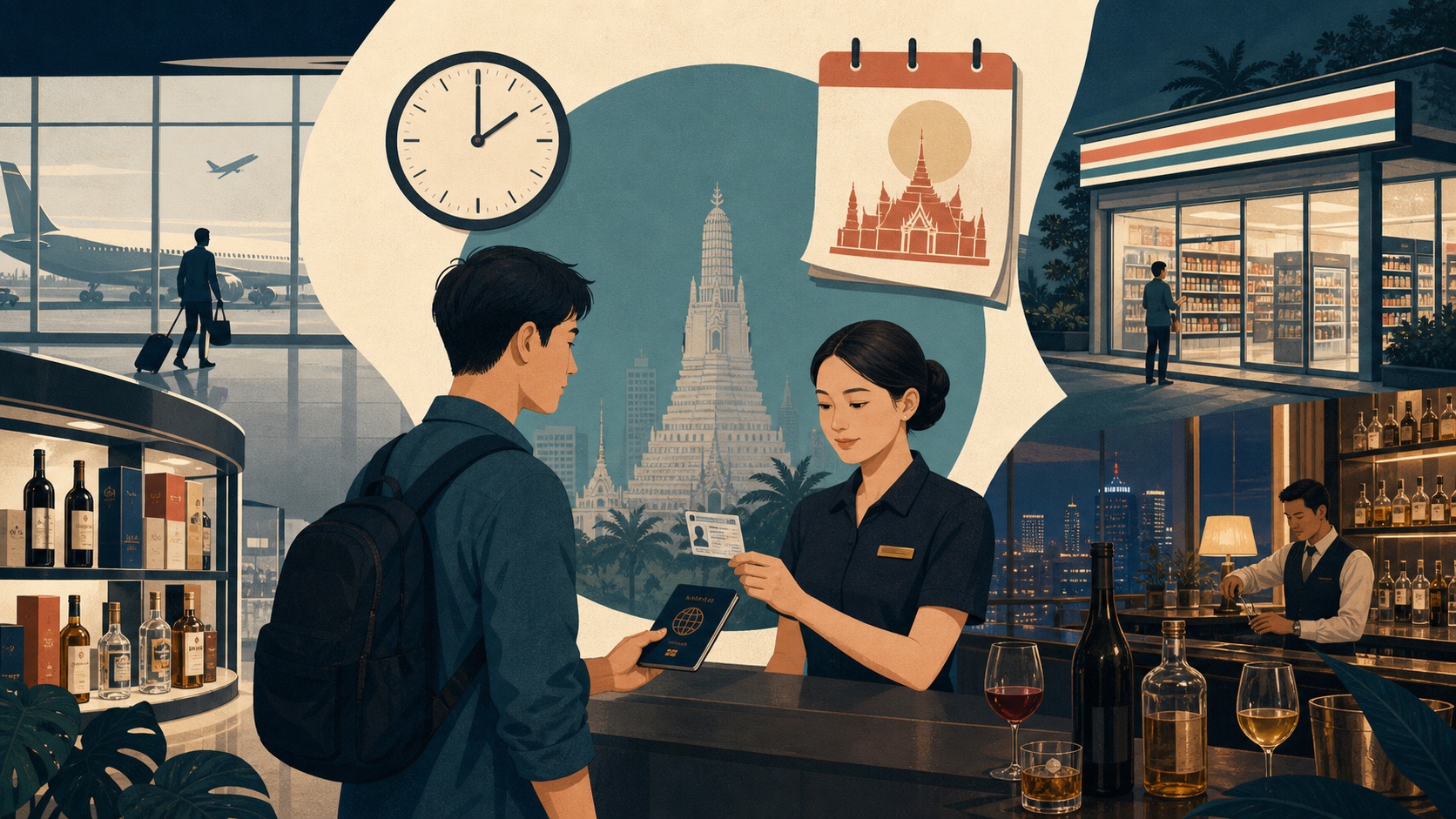 タイのお酒の年齢確認、販売時間、禁酒日、例外施設を表した編集イラスト