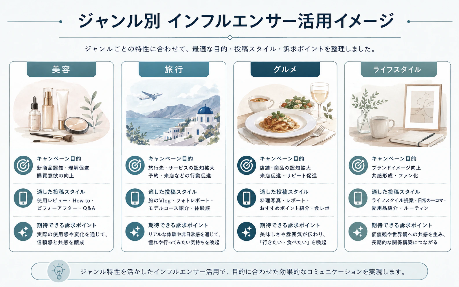 美容、旅行、グルメ、ライフスタイルのジャンル別に、インフルエンサー活用目的、投稿スタイル、訴求ポイントを整理したインフォグラフィック