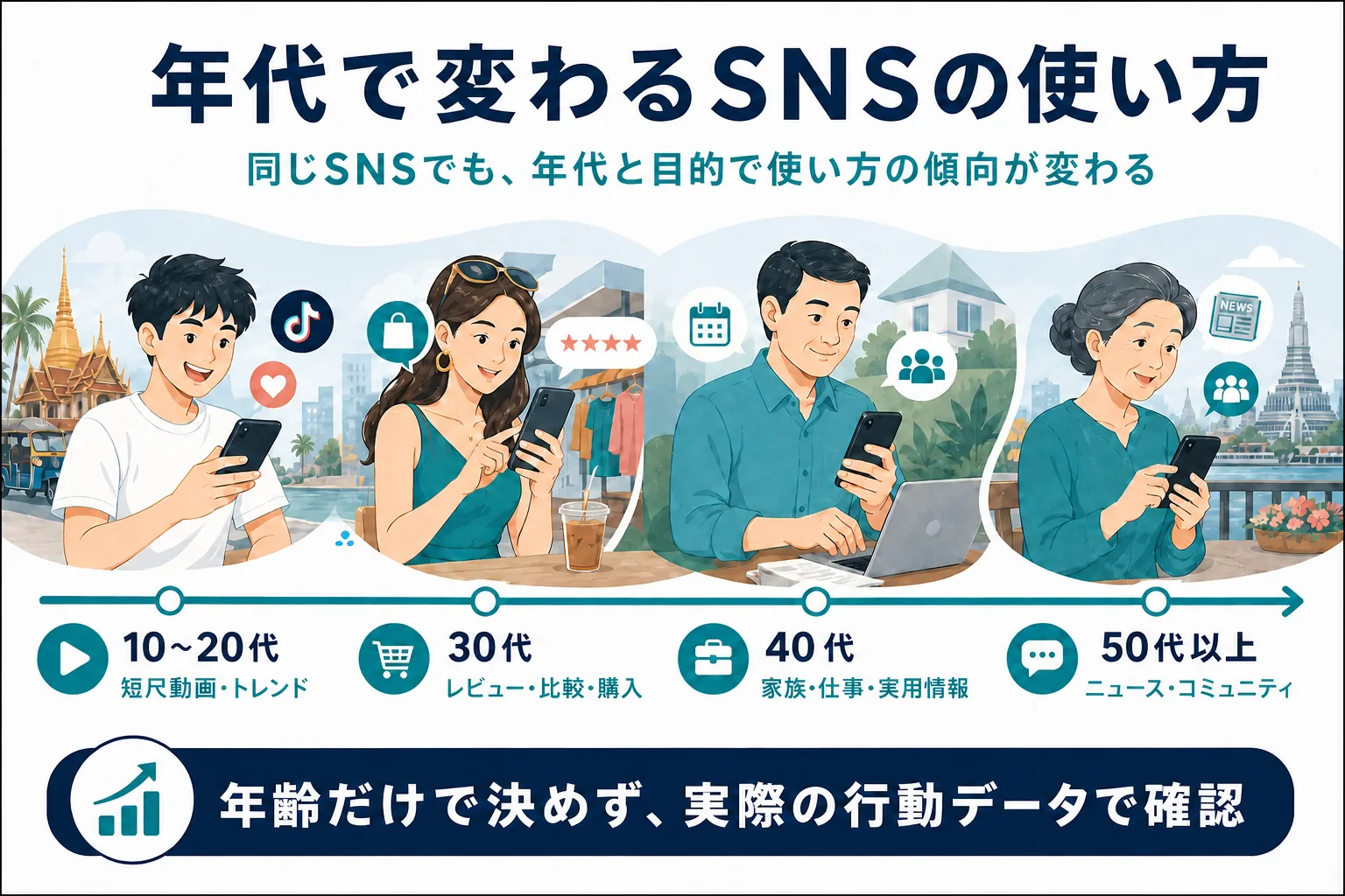 タイの10代・20代、30代、40代、50代以上で異なるSNS活用目的を整理した図解