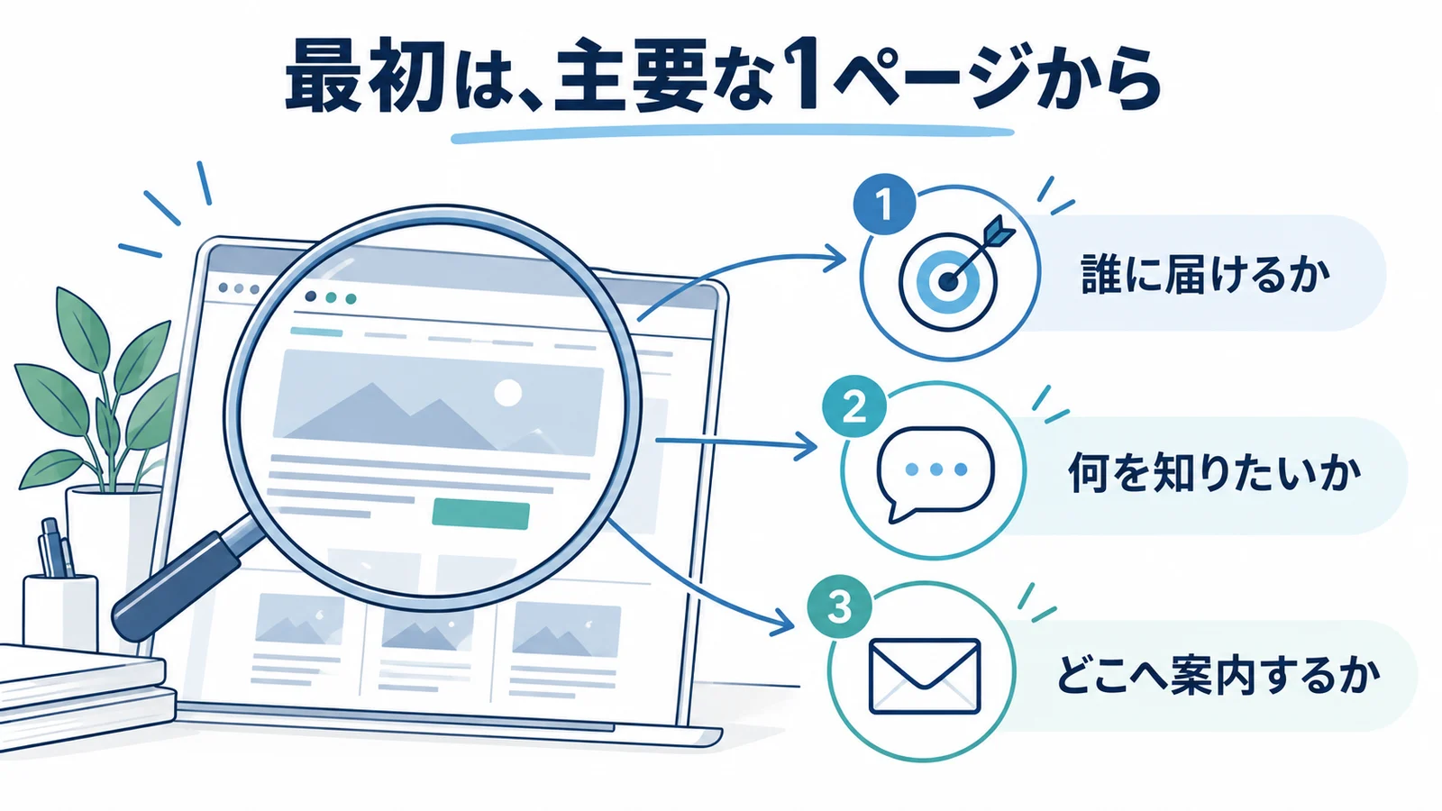 主要な1ページで、誰に届けるか・何を知りたいか・どこへ案内するかを確認する