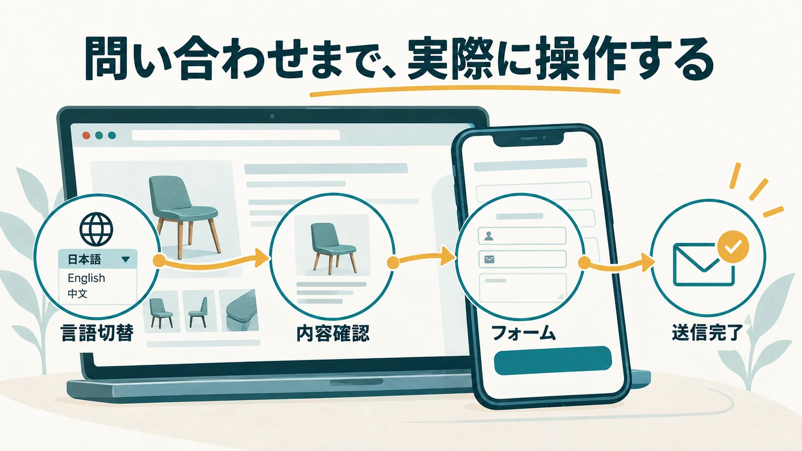 言語切替から内容確認、フォーム入力、送信完了までをPCとスマートフォンで確認する図