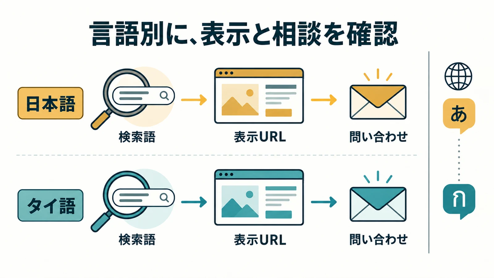 日本語版とタイ語版を分けて、検索語・表示URL・実際の問い合わせを確認する測定の流れ