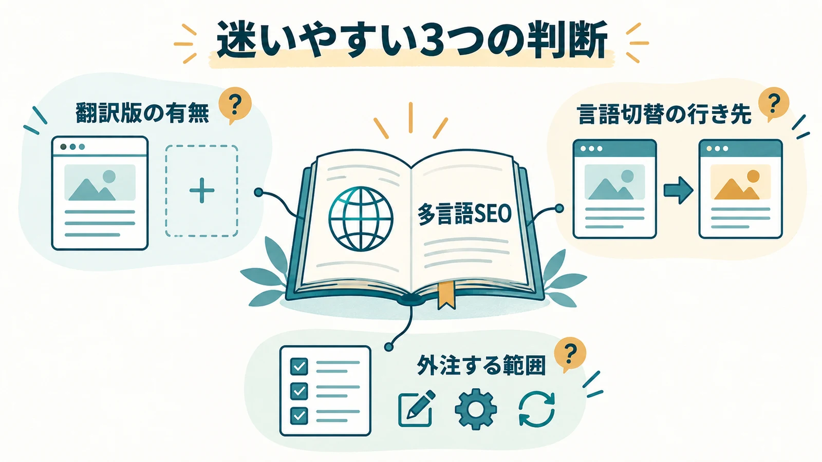 多言語SEOで迷いやすい翻訳版の指定・言語切替先・外注範囲の3つを整理した図