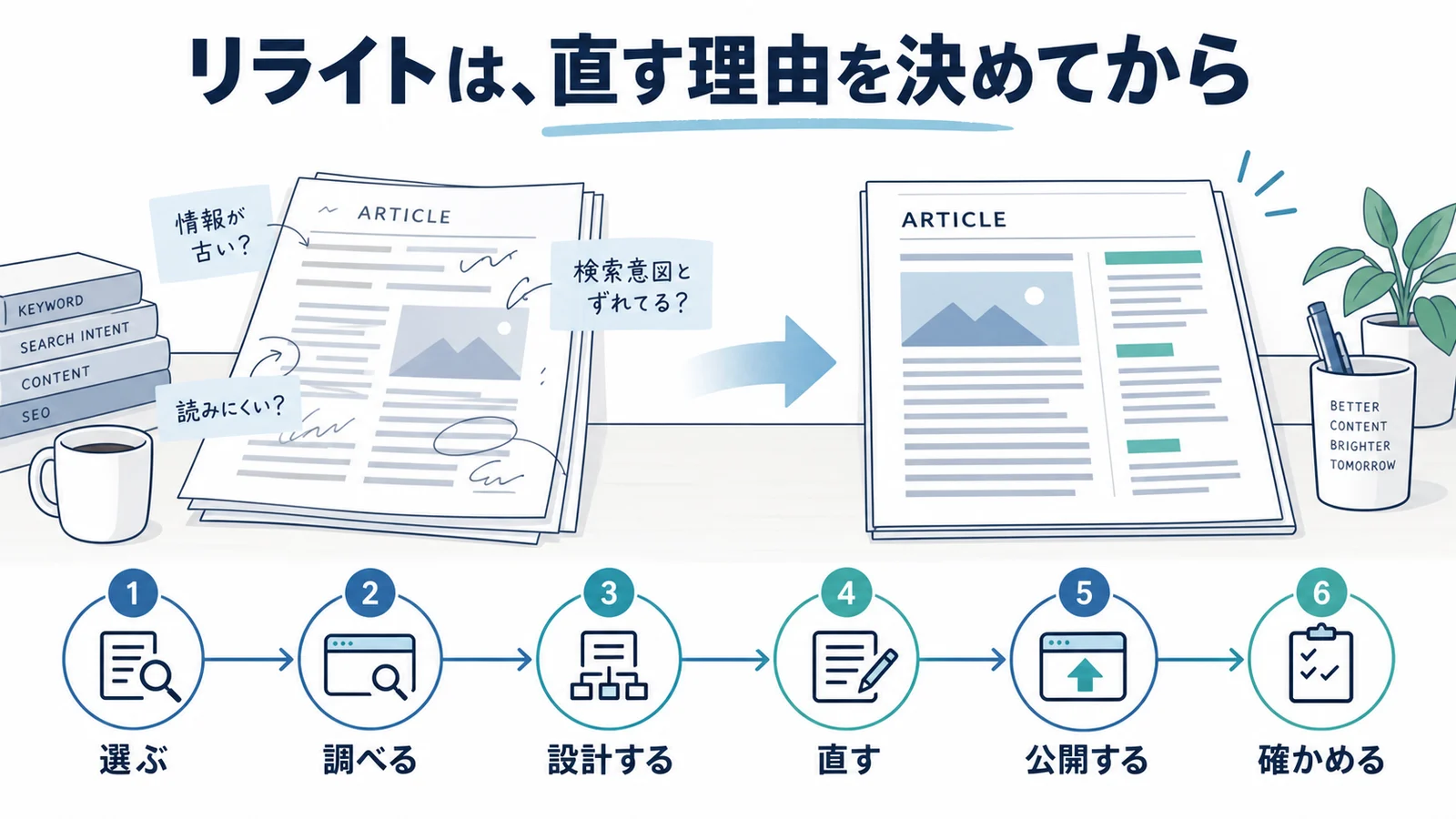 記事を選び、調査・設計・修正・公開・確認へ進むSEOリライトの6工程