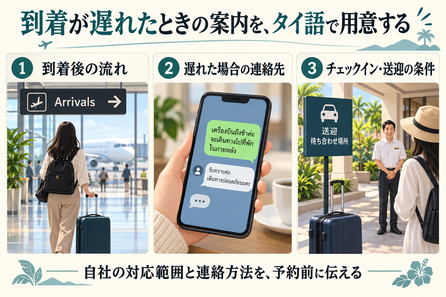 到着の遅れに備えた連絡先とチェックイン・送迎条件の案内例の図解