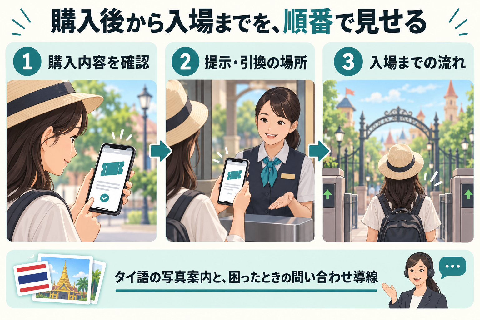 チケットの購入確認から提示・引換・入場までの案内例の図解