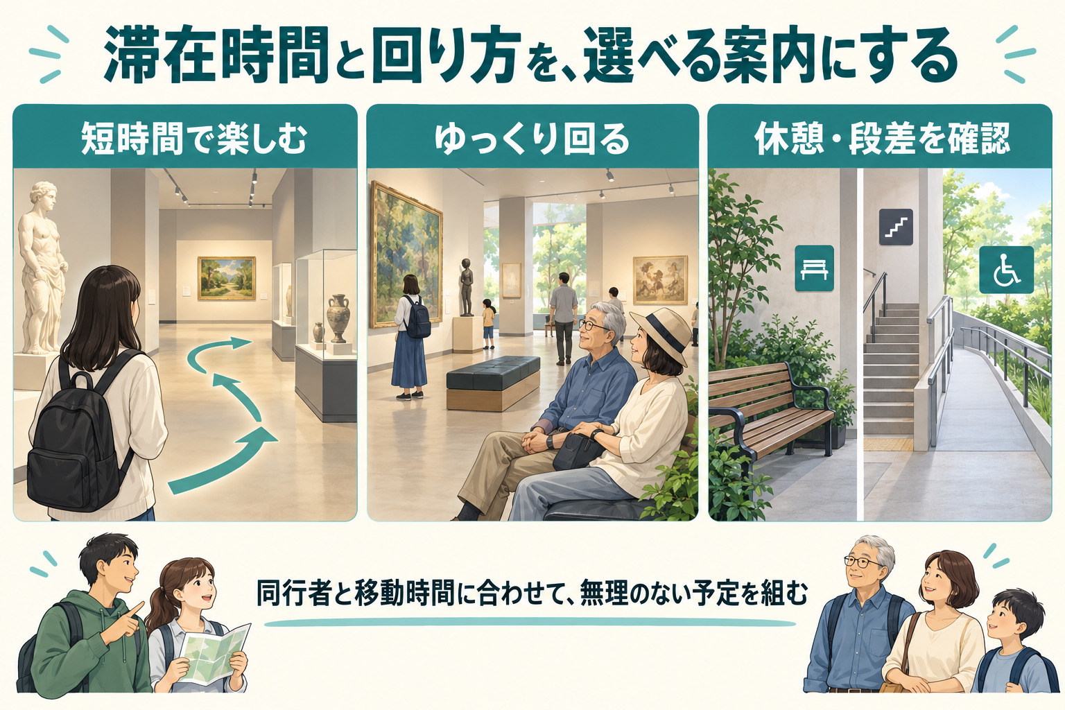 滞在時間と同行者に合わせた回り方・休憩・段差の案内例の図解