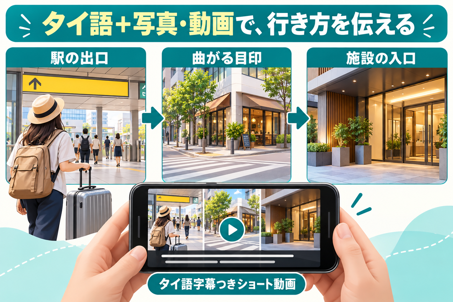 タイ語の駅出口・曲がる目印・施設入口の案内を写真と短い動画で伝える図解